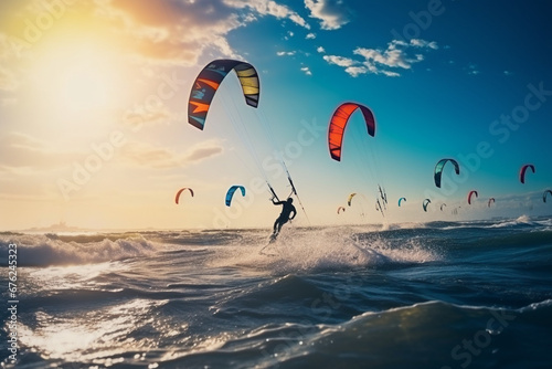 Group of people doing kitesurfing and windsurfing on sea
