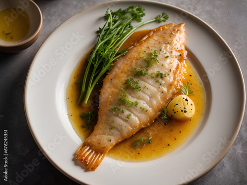 A beautifully prepared sole meuniere, a classic French dish of lightly pan-fried sole fish bathed in a buttery, lemony sauce, the combination of summer flavors and culinary excellence photo