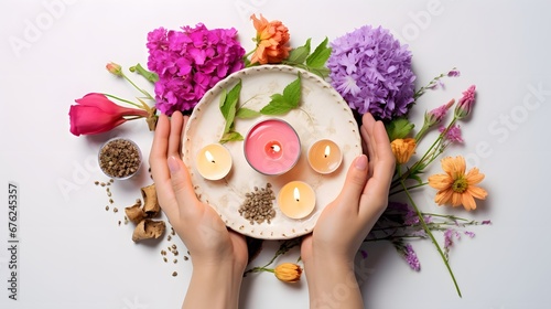 Plate with sweets, candle, flowers, spices and hands on white background, top view