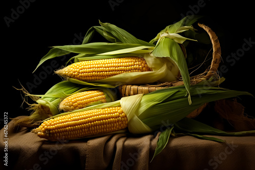Natural fresh yellow corn cob, Nitration Vegetable food, Green leaves