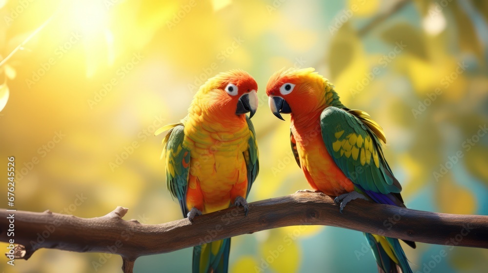 Obraz premium 2 Sun conure or bird couple Beautiful, parrot looking at the camera, has yellow on blur green background exotic pet adorable.