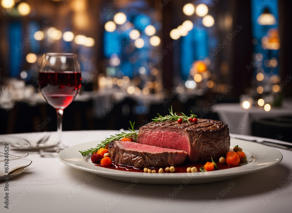 Steak and wine glasses are beautifully arranged on a table in a restaurant. Steak and wine glasses are beautifully arranged on a table in a restaurant.
