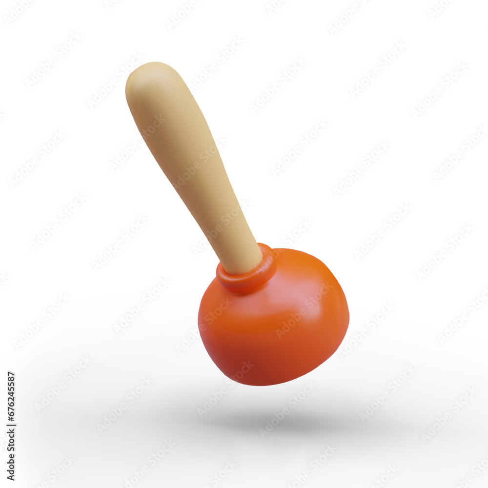 Toilet plunger in red colors with wood handle on white background. Professional plumber equipment. Toilet cleaning tool. Vector illustration in cartoon 3d style Toilet plunger in red colors with wood handle on white background. Professional plumber equipment. Toilet cleaning tool. Vector illustration in cartoon 3d style