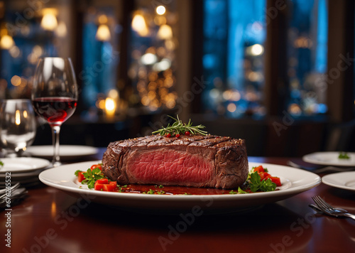 Steak and wine glasses are beautifully arranged on a table in a restaurant. photo