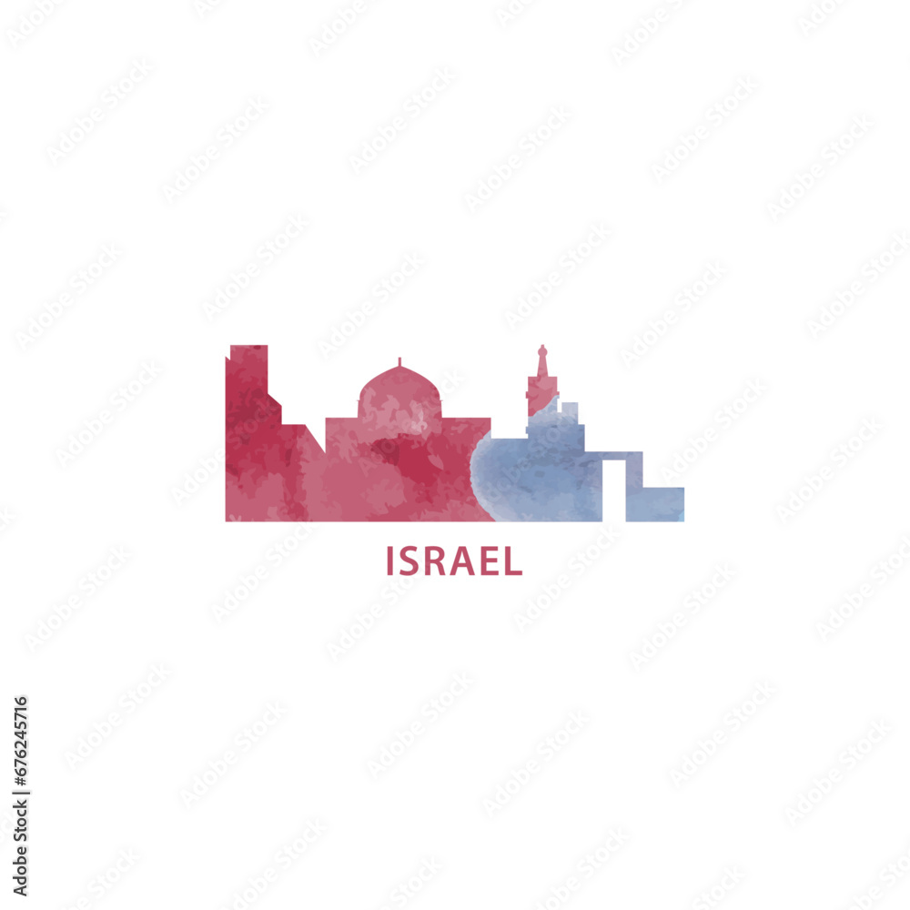 Israel watercolor cityscape skyline city panorama vector flat modern logo, icon. Country emblem concept with landmarks and building silhouettes. Isolated graphic