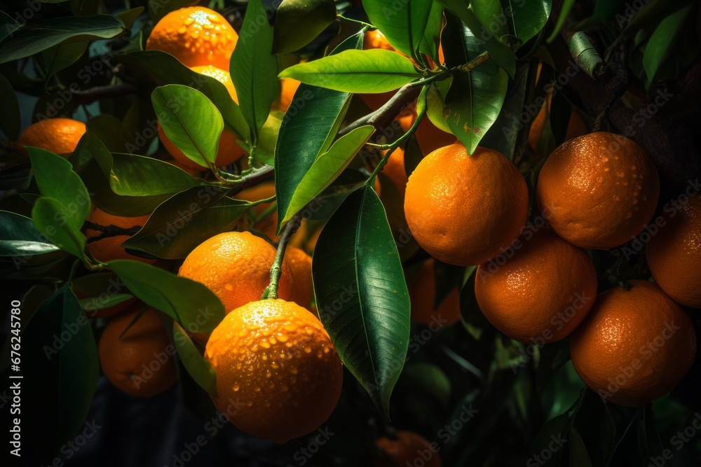 fresh and vibrant oranges growing on the tree,