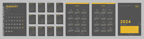 Set of monthly calendar planner page templates for 2024, cover with Place for Photo and Company Logo. Isolated Vector layout calendar with week start on Monday. Page for size A4 in dark color.