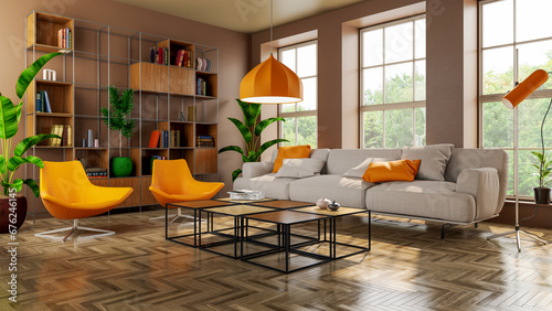 Large luxury modern bright interiors Living room mockup illustration 3D rendering computer digitally generated image