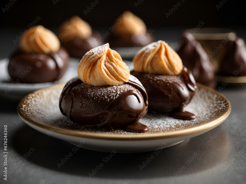 Profiteroles, a delicately crafted plate of pastries filled with rich, creamy goodness, golden-brown pastry shells, perfectly puffed and adorned with a dusting of powdered sugar. Profiteroles, a delicately crafted plate of pastries filled with rich, creamy goodness, golden-brown pastry shells, perfectly puffed and adorned with a dusting of powdered sugar.