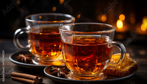 Two glass cups of tea with star anise on saucers  warm fireplace glow in the background.