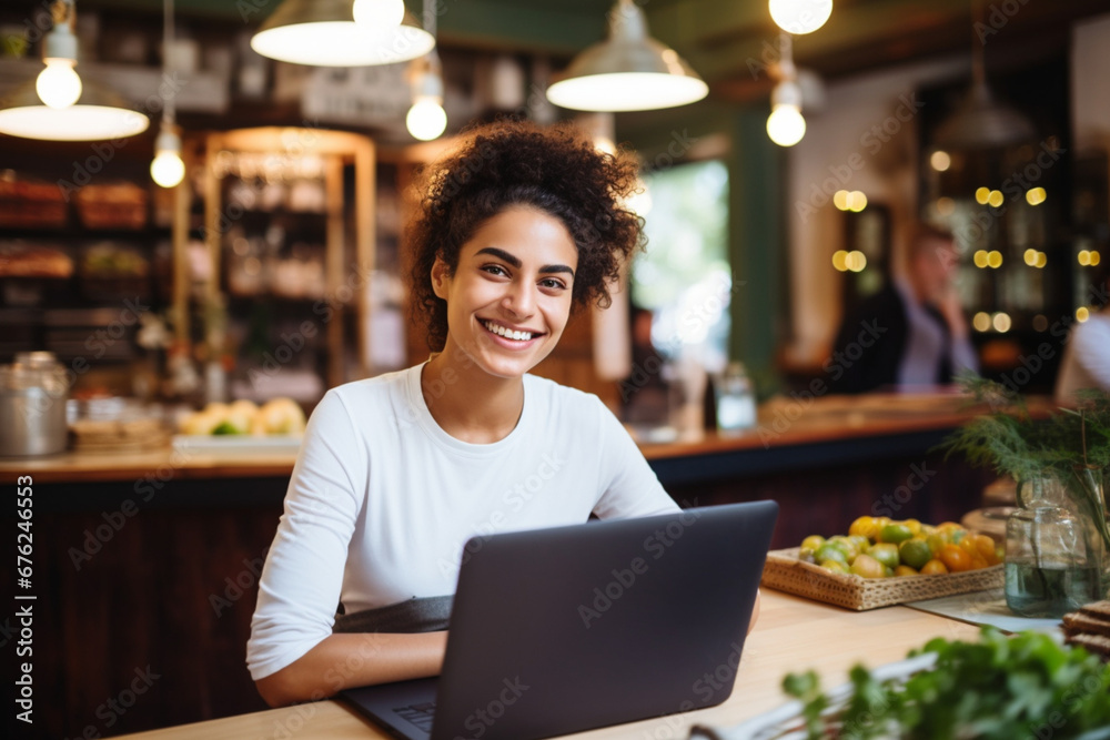 In Restaurant: Beautiful Female Chef Using Laptop Computer, Authentic Italian Pizzeria With Delicious Organic Eco Food, Bi-racial Female Entrepreneur Working in Her Small Business Family Shop In Restaurant: Beautiful Female Chef Using Laptop Computer, Authentic Italian Pizzeria With Delicious Organic Eco Food, Bi-racial Female Entrepreneur Working in Her Small Business Family Shop