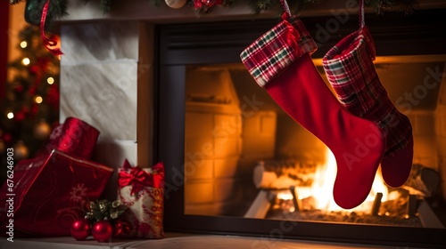 Red christmas sock on fireplace mantle. Beautifully decorated living room on occasion of New Year and Christmas holidays.