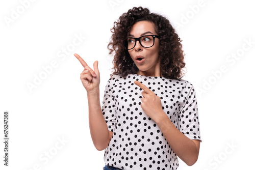 young confident leader woman with curly hairstyle dressed in summer short sleeve blouse