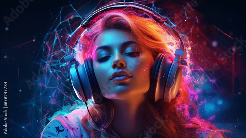 Photo of a woman with headphones on her head enjoying music.