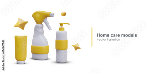 3D models of cosmetics for home care. Set of packaging mockups. Tube, spray pistol, pump bottle, yellow star, bubble. Isolated vector objects. Hygiene, makeup, hair styling