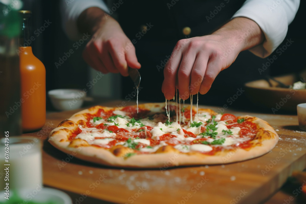 Man’s Hands Putting Mozzarella Cheese On A Pizza 