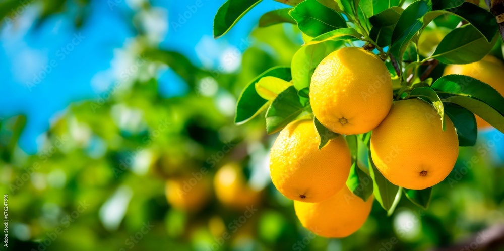 fresh and vibrant lemons growing on the tree,