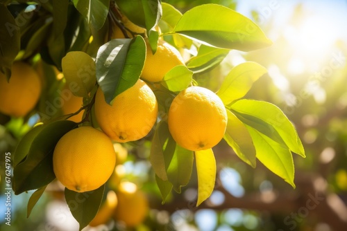 fresh and vibrant lemons growing on the tree 