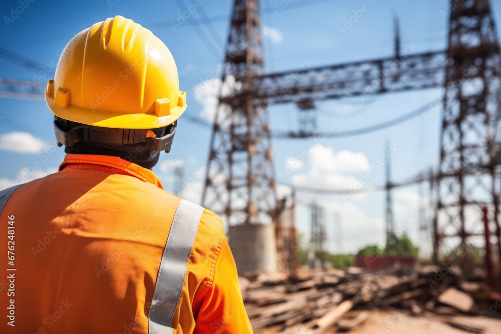 Picture of an electrical engineer standing and watching at the electric power station to view the planning work by producing electricity at high voltage electricity poles.