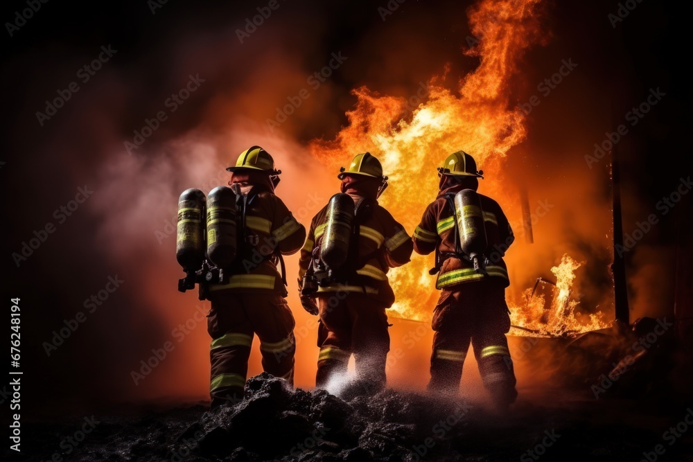 firefighters wearing fire fighter suit for safety and using twirl water extinguisher for fighting the fire flame in emergency situation.. - Safety Firefighter and industrial concept.