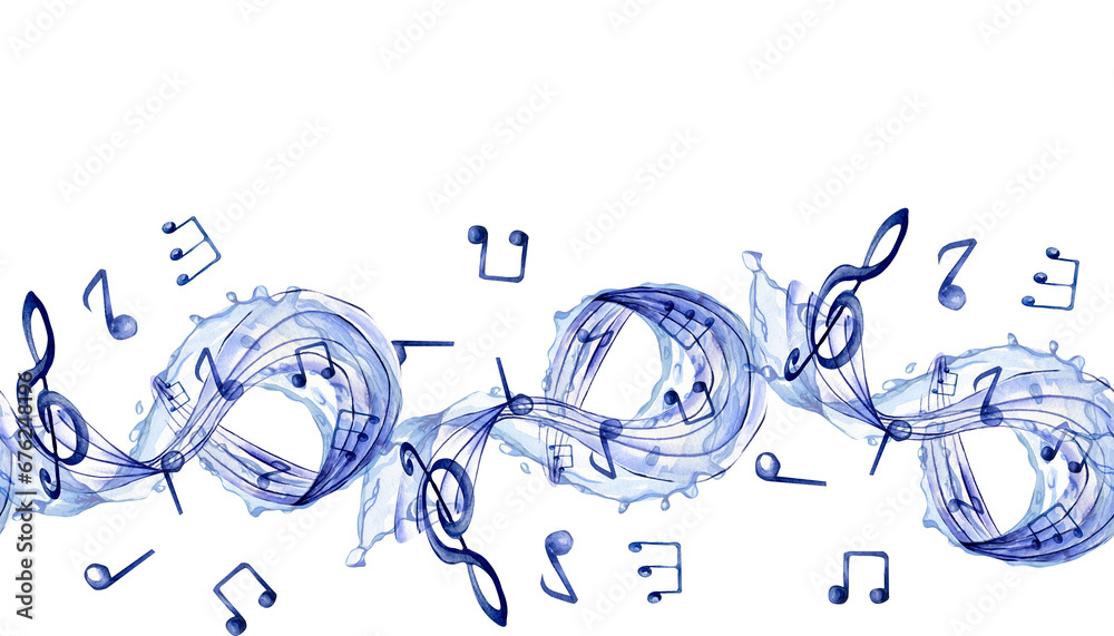 Musical note watercolor illustration. Treble clef and notes isolated on white background. Seamless border of musical wave, signs hand drawn. Musical symbols hand painted. Design element for flyer - obrazy, fototapety, plakaty 