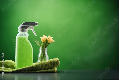 Green cosmetic product bottle with dispenser pump for skin, body or hair care with green leaves at green nature background, front view. Natural cosmetic concept, copy space photo