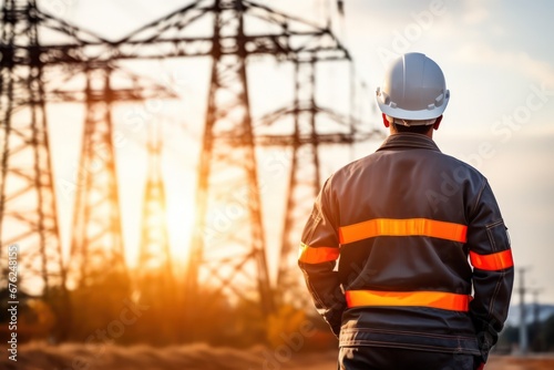 Picture of an electrical engineer standing and watching at the electric power station to view the planning work by producing electricity at high voltage electricity poles. © Kowit