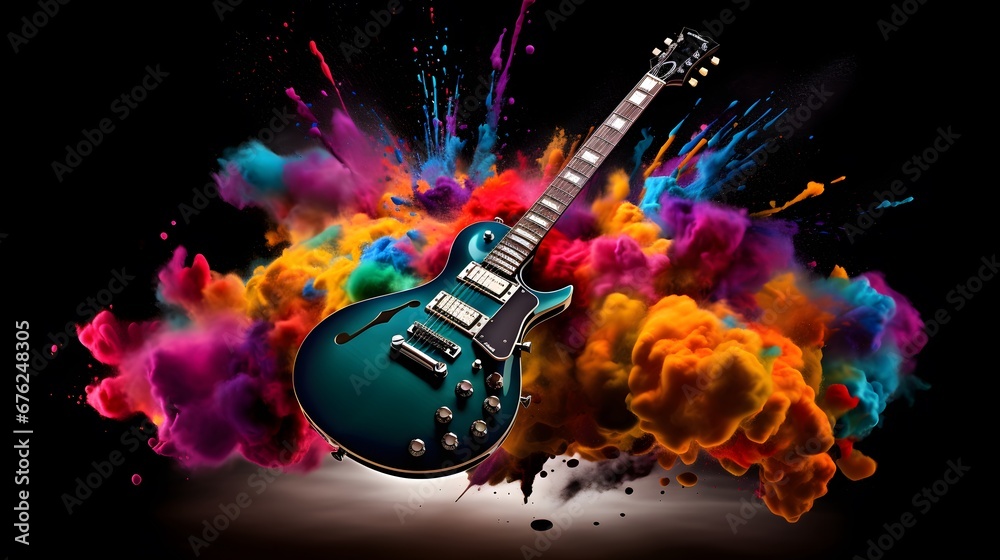 rock music instruments exploding with colourful - obrazy, fototapety, plakaty 