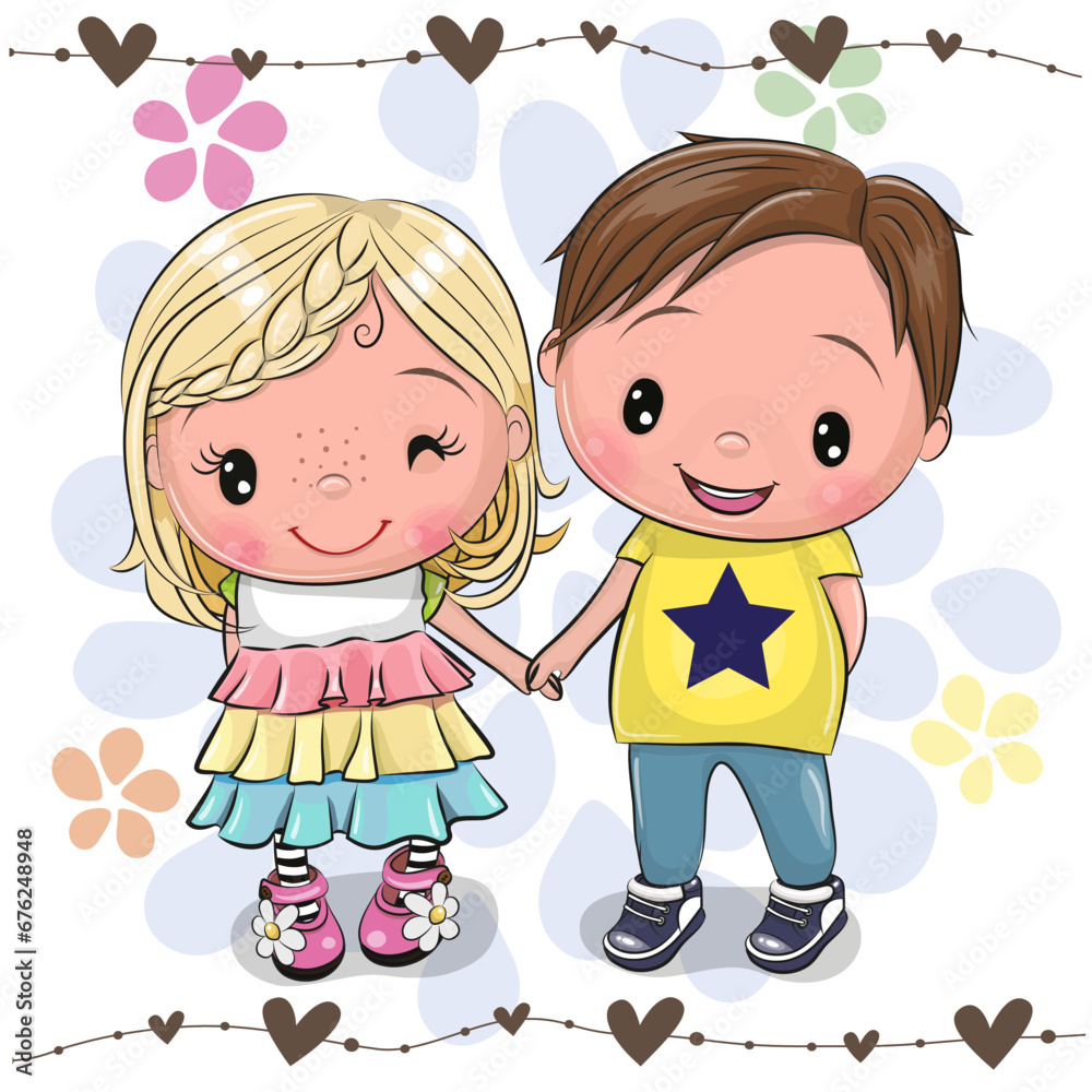 Cartoon Boy and Girl on a floral background Cartoon Boy and Girl on a floral background