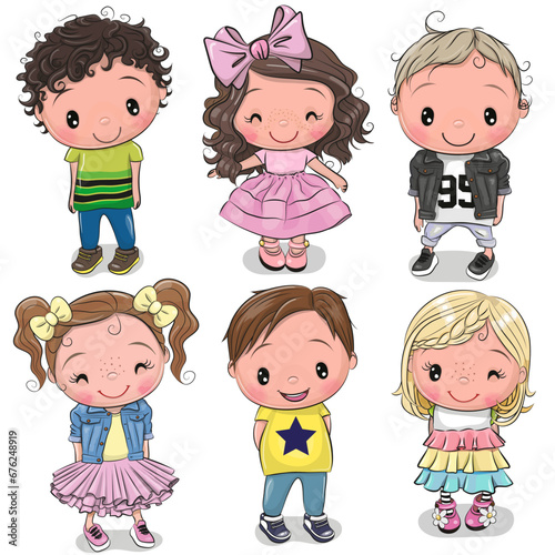 Cute cartoon girls and boys on a white background