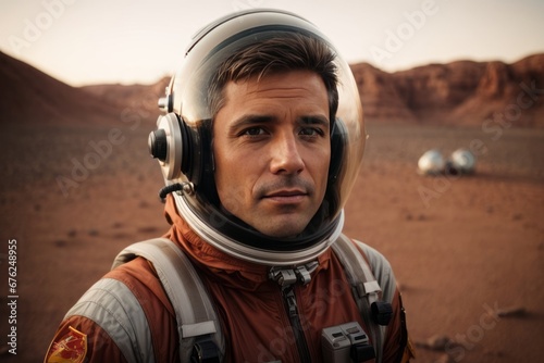 Close-up portrait of a handsome male astronaut wearing an orange spacesuit on the planet Mars © liliyabatyrova