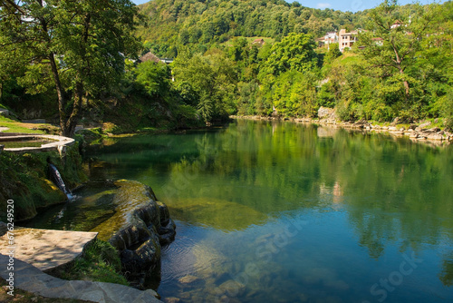 Vrucica Hot Springs on the Vrbas River as it flows through Srpske Toplice south east of Banja Luka in Republika Srpska, Bosnia and Herzegovina