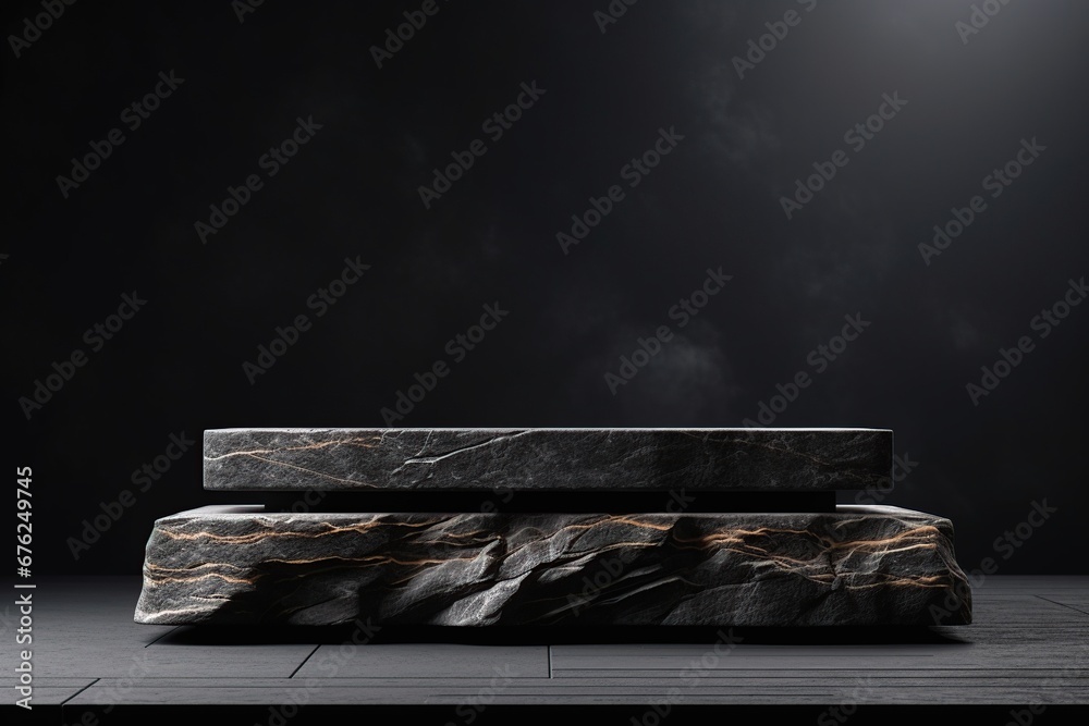 Stone podium for packaging and cosmetic presentation on black background Stone podium for packaging and cosmetic presentation on black background