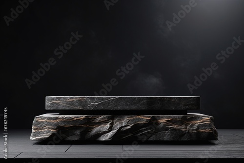 Stone podium for packaging and cosmetic presentation on black background