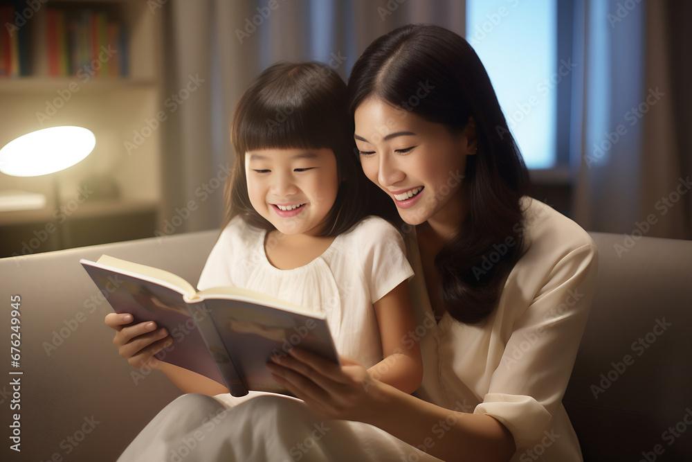 An Asian mother and daughter spend free time together by reading a book on a comfy sofa at home. Parent and family special time. Generative AI. An Asian mother and daughter spend free time together by reading a book on a comfy sofa at home. Parent and family special time. Generative AI.