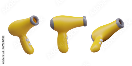 Set of cordless yellow hair dryers with buttons. Electric device for drying hair. Hairdresser, barber, groomer equipment. Isolated vector illustration