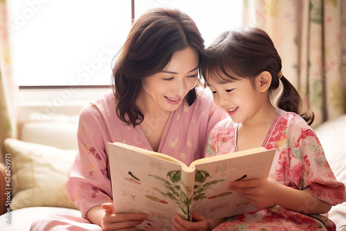 An Asian mother and daughter spend free time together by reading a book on a comfy sofa at home. Parent and family special time. Generative AI. photo