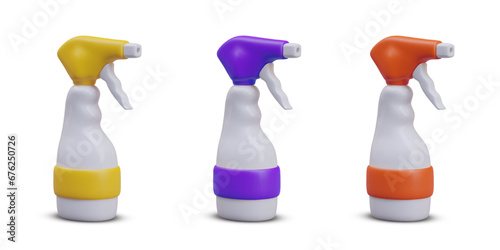 Set of plastic bottles with spray pistol. Containers for detergents and disinfectants of different colors, mockup. Equipment for moistening plants. Isolated vector illustration