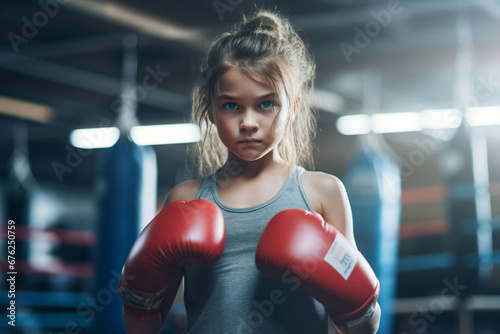The portrait of a confident little female boxing fighter posing by rising her fits shot in a gym with punching bags. Generative AI.