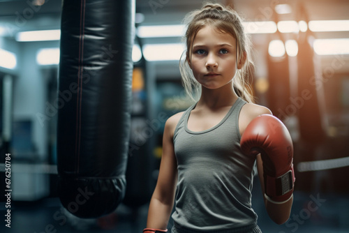 The portrait of a confident little female boxing fighter posing by rising her fits shot in a gym with punching bags. Generative AI.