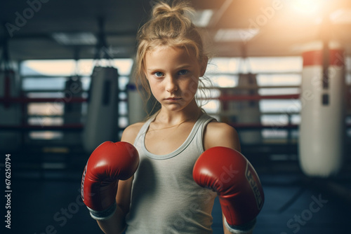 The portrait of a confident little female boxing fighter posing by rising her fits shot in a gym with punching bags. Generative AI.