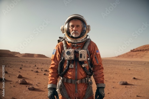 An elderly male astronaut wearing an orange spacesuit in the planet Mars. photo