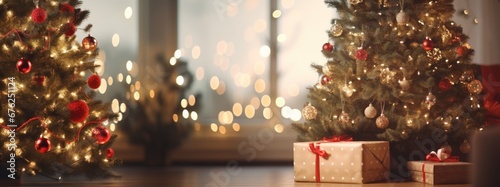 Christmas holiday background. Beautiful firtree with presents and shiny baubles or balls, xmas ornaments, decoration, lights, and bokeh with copy space. Merry christmas and happy new year concept. photo