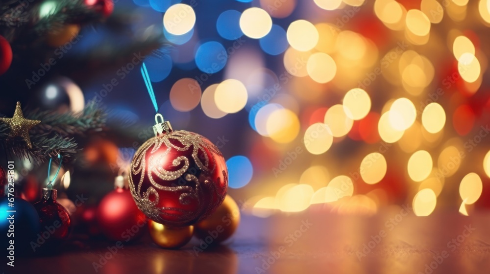 A red decorative Christmas bauble or ball for decoration on a bokeh background. Merry Christmas and happy new year concept. A red decorative Christmas bauble or ball for decoration on a bokeh background. Merry Christmas and happy new year concept.