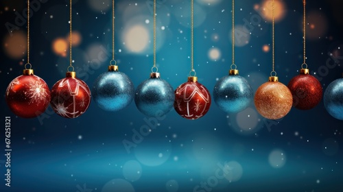 Colorful hanging Christmas Baubles or balls for decoration on a bokeh background. Merry Christmas and happy new year concept.