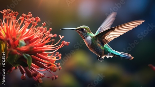Green Violet-ear, Colibri thalassinus, shiny bird from Colombia. Green bird with green nature background. Beautiful hummingbird with blue face and red flower. photo