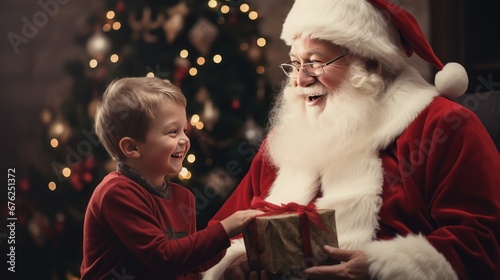 Santa Claus gives a Christmas present or gift to a happy and excited little boy with Xmas atmostphere background. Merry christmas and happy new year concept. photo