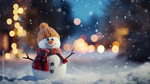 Happy smiling joyful snowman in Xmas day with outdoor winter scene in the background. Merry Christmas and happy new year concept.