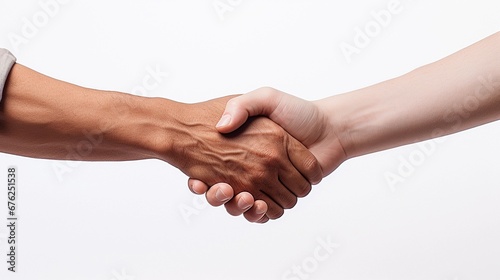 portrait of shaking hands on white background, AI generated, background image photo