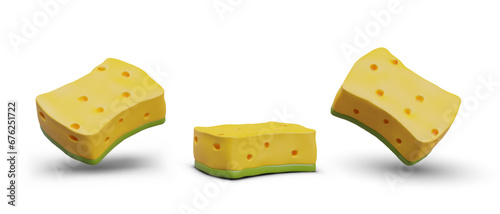 Porous yellow green sponge. Bath washcloth, top and side view. Set of color images. Vector illustration for cleaning accessories website. Hygiene maintenance, health care